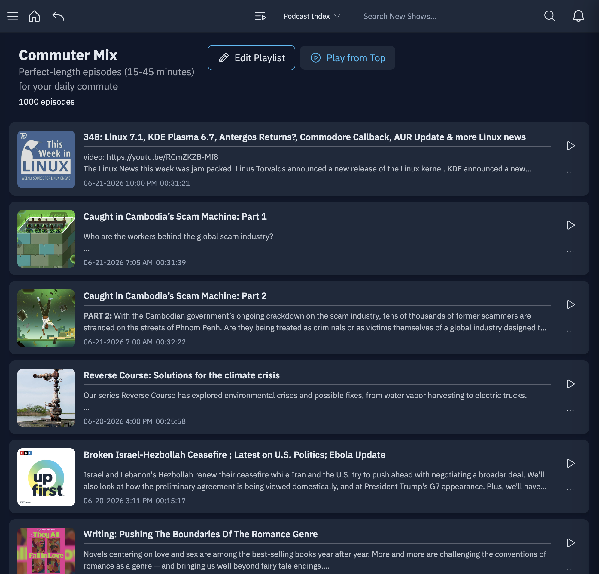 The Commuter Mix smart playlist populated with episodes